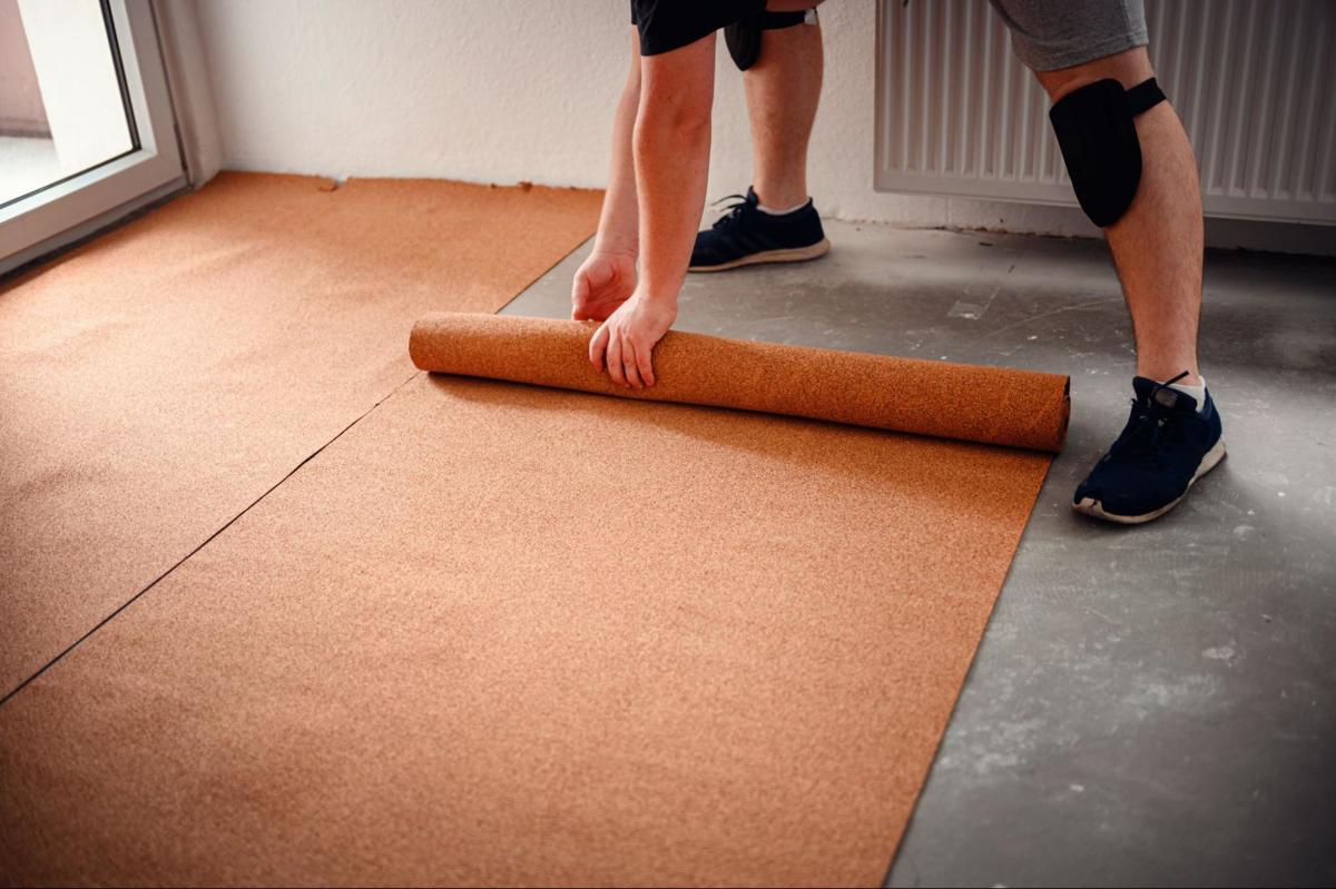 Kurken ondervloer wordt uitgerold op een betonnen ondergrond
